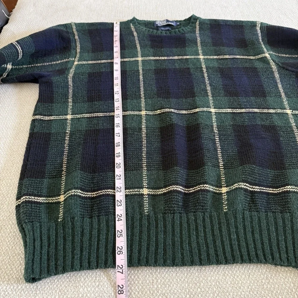 Vintage Polo Ralph Lauren Men's XL Wool Sweater Plaid Crew Neck Blue Green Knit